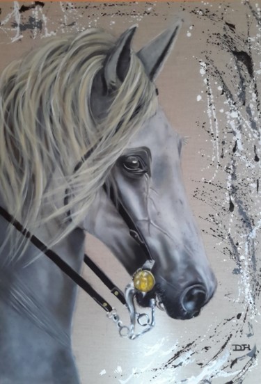 Painting titled "Cheval gris-blanc" by Denise-Jane Hosotte, Original Artwork, Oil