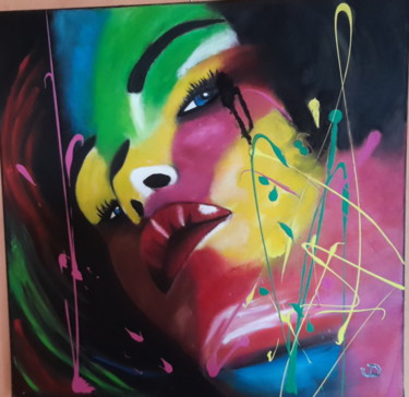 Peinture intitulée "Visage multicolore" par Denise-Jane Hosotte, Œuvre d'art originale, Huile