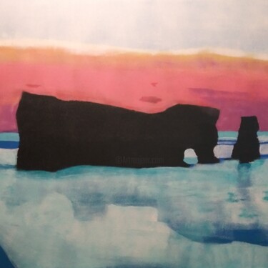 Painting titled "Rocher Percé dans l…" by Denise Langlais, Original Artwork, Acrylic Mounted on Wood Stretcher frame
