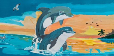 Pintura titulada "Dauphins en mer" por Denise Langlais, Obra de arte original, Acrílico Montado en Bastidor de camilla de ma…