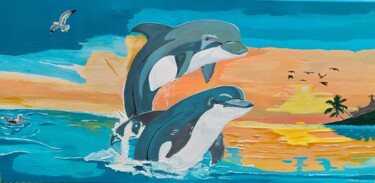 Painting titled "Les Dauphins" by Denise Langlais, Original Artwork, Acrylic Mounted on Wood Stretcher frame