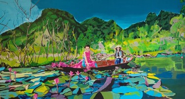 Malerei mit dem Titel "Le lotus sacré" von Denise Langlais, Original-Kunstwerk, Acryl Auf Keilrahmen aus Holz montiert