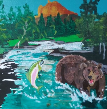 Chasse aux saumons Peinture intitulée "Chasse aux saumons" par Denise Langlais, Œuvre d'art originale, Acrylique Monté sur Autre panneau rigide