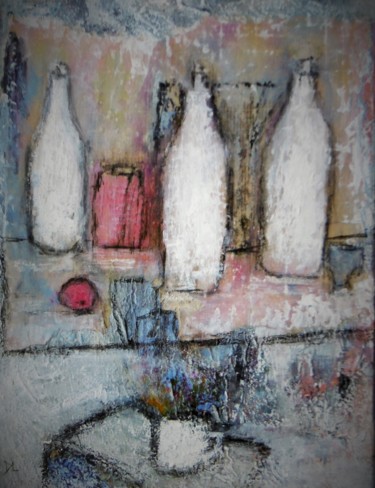 Painting titled "trois bouteilles bl…" by Denise Louin-Lecoeur, Original Artwork, Acrylic