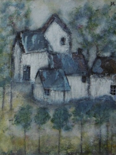 Painting titled "hameau bleu" by Denise Louin-Lecoeur, Original Artwork, Acrylic