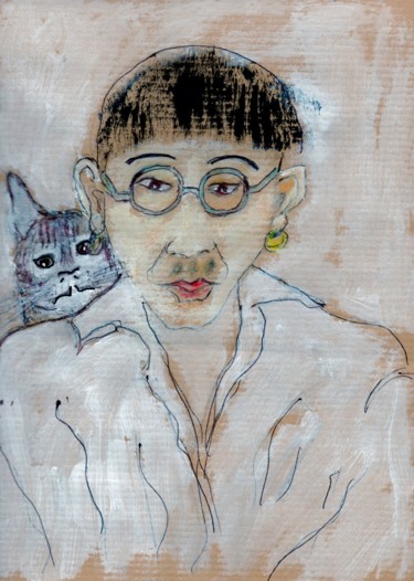 Peinture intitulée "Foujita et son chat." par Denise Louin-Lecoeur, Œuvre d'art originale, Acrylique