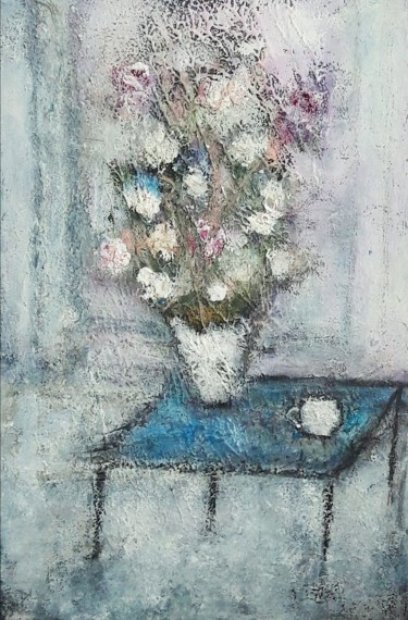 Painting titled "Sur la petite table…" by Denise Louin-Lecoeur, Original Artwork, Acrylic