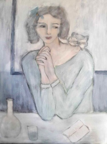Peinture intitulée "Un chat sur l'épaule" par Denise Louin-Lecoeur, Œuvre d'art originale, Acrylique