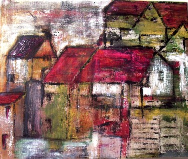 Schilderij getiteld "Village rouges toits" door Denise Louin-Lecoeur, Origineel Kunstwerk, Acryl