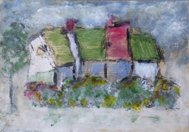 Painting titled "maisons fleuries" by Denise Louin-Lecoeur, Original Artwork, Acrylic