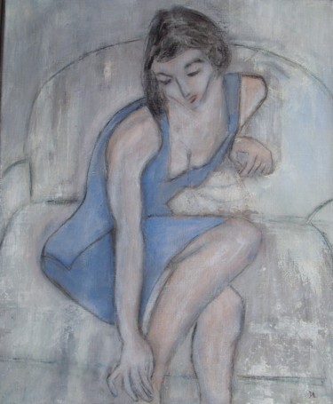 Painting titled ""Femme en bleu "And…" by Denise Louin-Lecoeur, Original Artwork, Acrylic