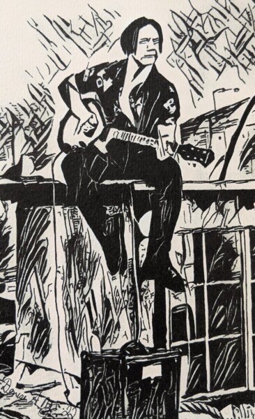 Zeichnungen mit dem Titel "guitarist alone 01" von Denise Nys, Original-Kunstwerk, Tinte
