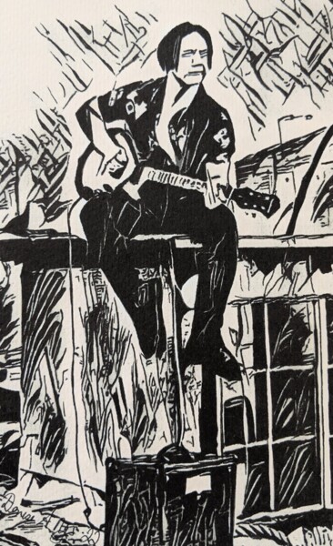 Dessin intitulée "guitarist alone 01" par Denise Nys, Œuvre d'art originale, Encre