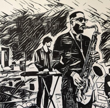 Dessin intitulée "BRILLIANT SAX A DAY…" par Denise Nys, Œuvre d'art originale, Encre