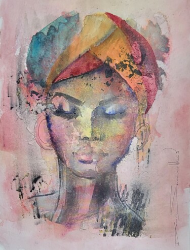 Painting titled "AFRICANA" by Denise Serralheiro, Original Artwork, Watercolor Mounted on Wood Stretcher frame