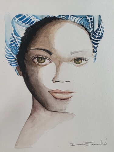 Painting titled "AFRICANA III" by Denise Serralheiro, Original Artwork, Watercolor Mounted on Wood Stretcher frame