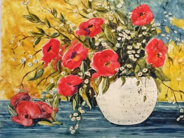 Painting titled "Les fleurs rouges" by Denise Desmeules, Original Artwork, Watercolor