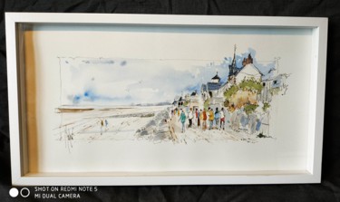 Pittura intitolato "la plage de Saint M…" da Denis Moulin, Opera d'arte originale, Acquarello