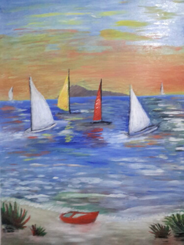 Painting titled "YELKENLERİN DANSI" by Deni̇Z Çamoğlu, Original Artwork, Oil