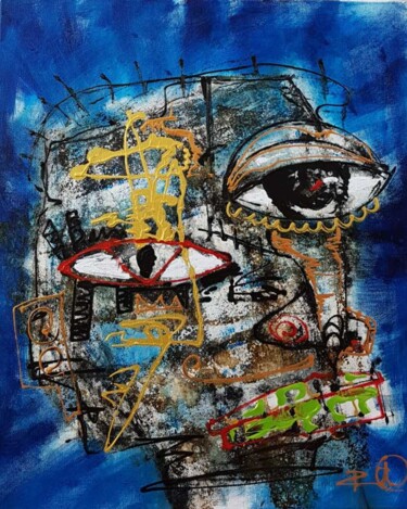 Painting titled "face in blue backgr…" by Dennys Santos Diaz, Original Artwork, Acrylic