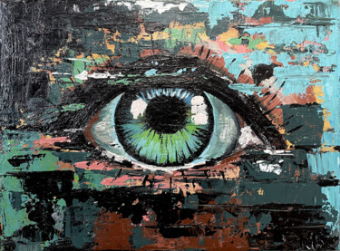 Painting titled "Blue Emerald Eye /…" by Denys Sobol, Original Artwork, Acrylic Mounted on Cardboard