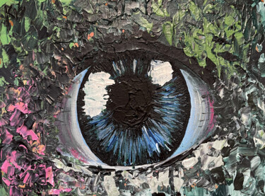 Malarstwo zatytułowany „Green Jungle Eye /…” autorstwa Denys Sobol, Oryginalna praca, Akryl Zamontowany na Drewniana rama no…