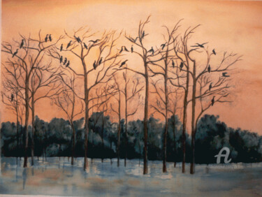 Painting titled "Swamp Birds" by Deborah Paige Jackson, Original Artwork, Watercolor Mounted on Other rigid panel