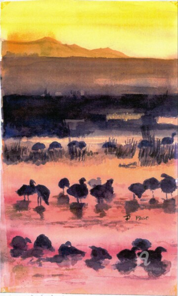 Painting titled "birdsinsunset.jpg" by Deborah Paige Jackson, Original Artwork, Watercolor