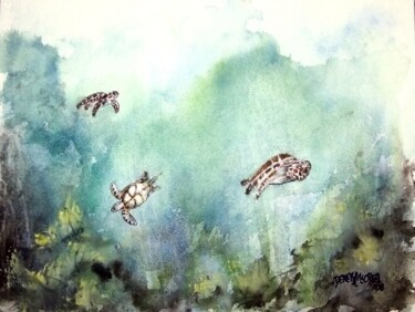 Painting titled "3 sea turtles" by Derek Mccrea, Original Artwork, Oil