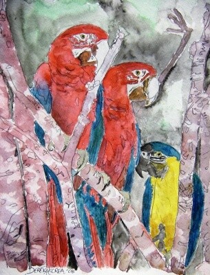 Painting titled "3 parrots" by Derek Mccrea, Original Artwork, Oil