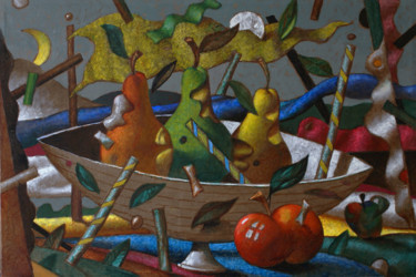Картина под названием "Three in the boat" - Sergey Dergun, Подлинное произведение искусства, Масло Установлен на Деревянная…