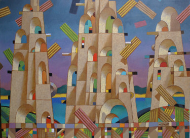 Pintura intitulada "City by the sea" por Sergey Dergun, Obras de arte originais, Óleo Montado em Armação em madeira