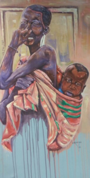 Schilderij getiteld "Joy of Motherhood" door Derrick Okanta, Origineel Kunstwerk, Acryl