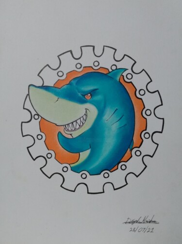 Zeichnungen mit dem Titel "Blue shark" von Déryck Maindron, Original-Kunstwerk, Bleistift