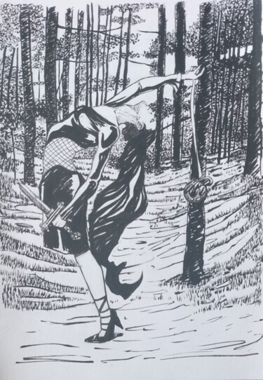 Dibujo titulada "Adepte de la forêt" por Déryck Maindron, Obra de arte original, Tinta