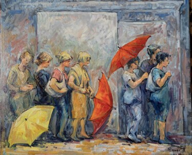 Painting titled "Parapluies 2" by S Desage, Original Artwork, Oil Mounted on Wood Stretcher frame