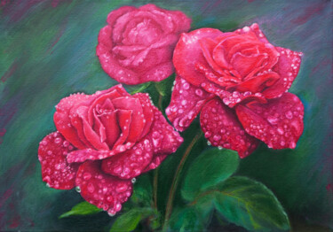 Painting titled "Roses in the dew dr…" by Katerina Kariukova, Original Artwork, Oil