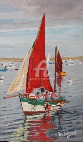Painting titled "Petite voile rouge" by Desnoyers, Original Artwork, Oil