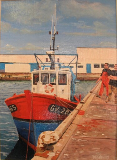 Painting titled "BATEAU ROUGE A QUAI" by Desnoyers, Original Artwork, Acrylic