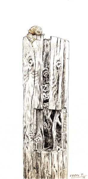 Rysunek zatytułowany „Escargot au pieu” autorstwa Pierre Fabry, Oryginalna praca, Atrament