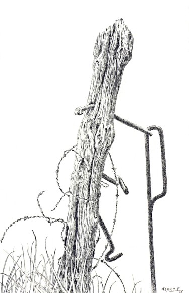 Drawing titled "Pieu enferraillé" by Pierre Fabry, Original Artwork, Ink