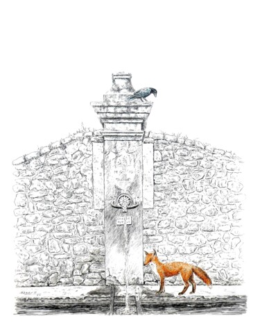 Drawing titled "Fable à la fontaine" by Pierre Fabry, Original Artwork, Ink