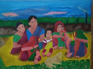 Painting titled "Peace Of Village" by Devendra Kumar Patel, Original Artwork, Oil