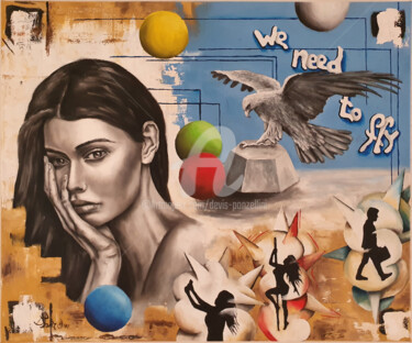 Painting titled "We need to fly" by Devis Ponzellini, Original Artwork, Oil Mounted on Wood Stretcher frame