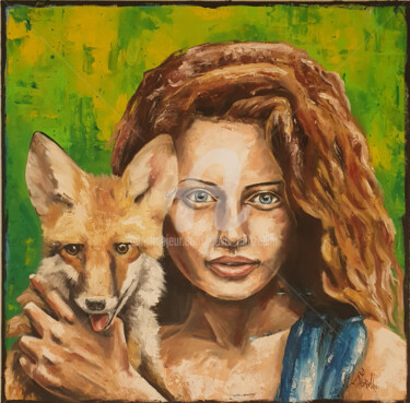 Painting titled "Portrait+Fox" by Devis Ponzellini, Original Artwork, Oil Mounted on Wood Stretcher frame
