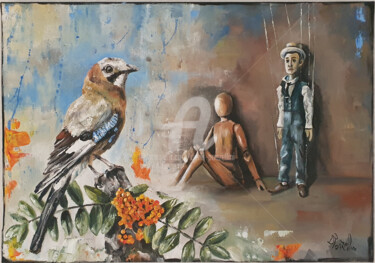 Painting titled "Jay" by Devis Ponzellini, Original Artwork, Oil Mounted on Wood Stretcher frame