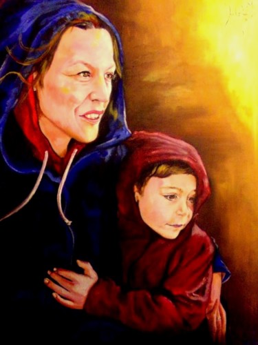 Peinture intitulée "vierge à l'enfant" par Tangdam, Œuvre d'art originale, Huile