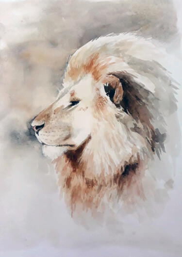 Pittura intitolato "Watercolor lion" da Ramona Pepegna Bianchini, Opera d'arte originale, Acquarello