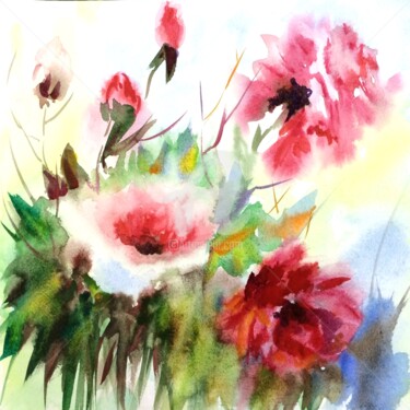 Картина под названием "Цветы" - Dganna, Подлинное произведение искусства, Акварель