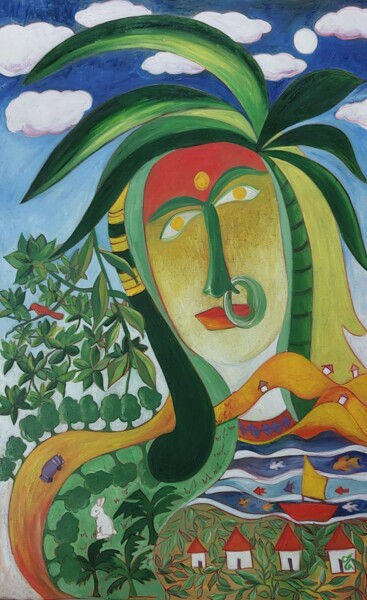 Schilderij getiteld "Shanthi - Enchanted…" door Dharshana Bajaj, Origineel Kunstwerk, Olie